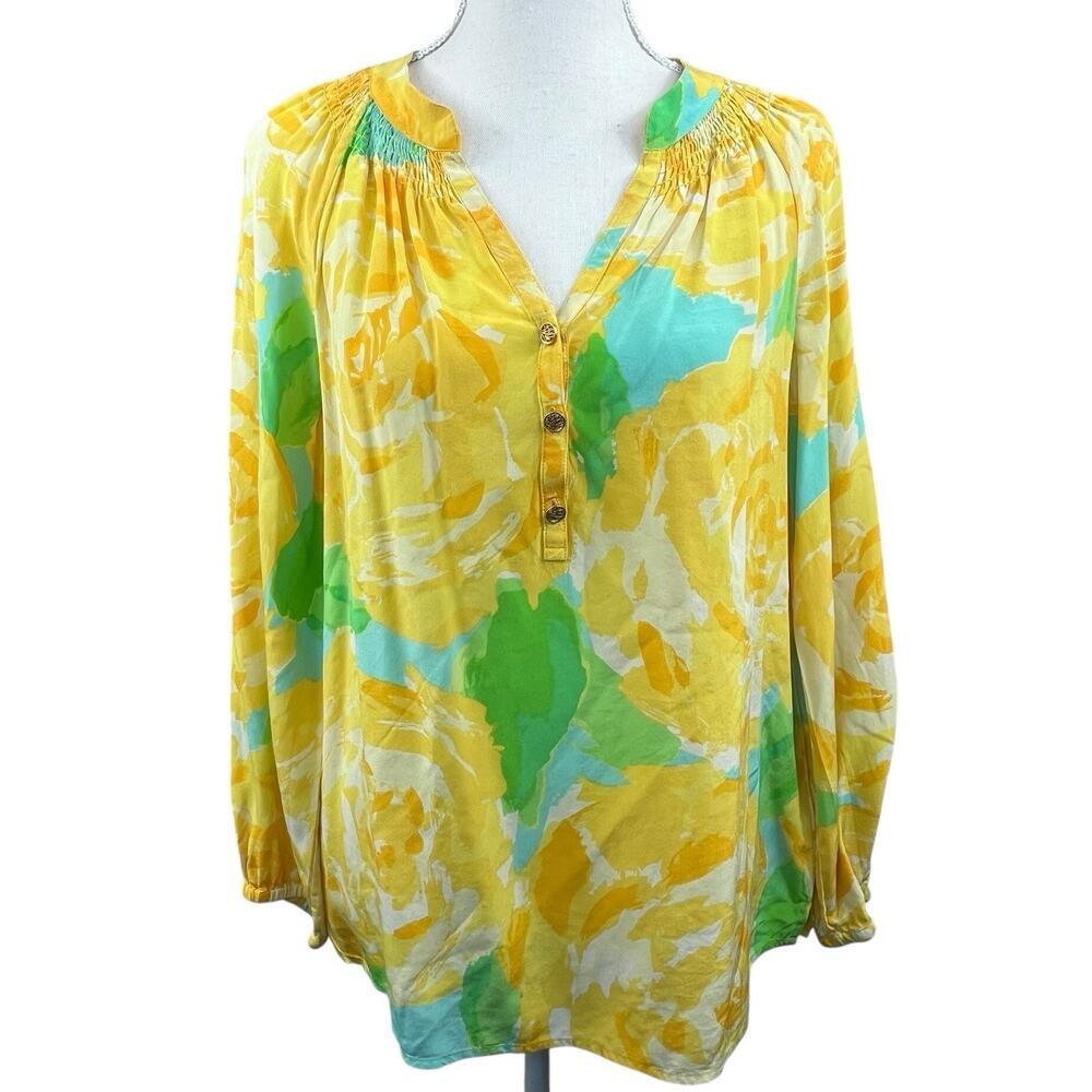 Lilly Pulitzer Sunglow Yellow Floral Silk Elsa Blouse Size M Medium